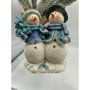 Christmas Greenbrier International Snowman Couple Figurine White Blue Tree Scarf